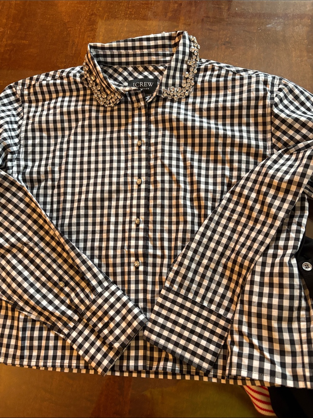 J. Crew Black and White Gingham Button-Down Shirt with Embellished Collar